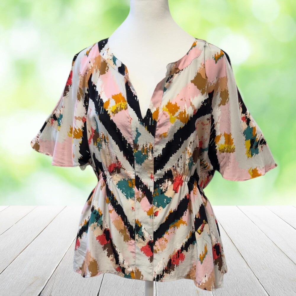 BCBGMAXAZRIA Silk Blouse Abstract Paint Print Flutter Sleeve Elastic Waist Sz S